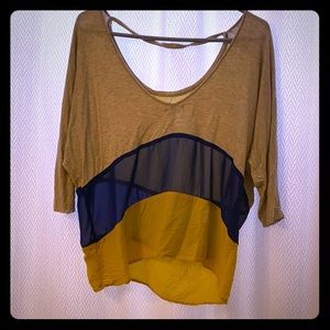 Gray, blue, & yellow color block off the shoulder